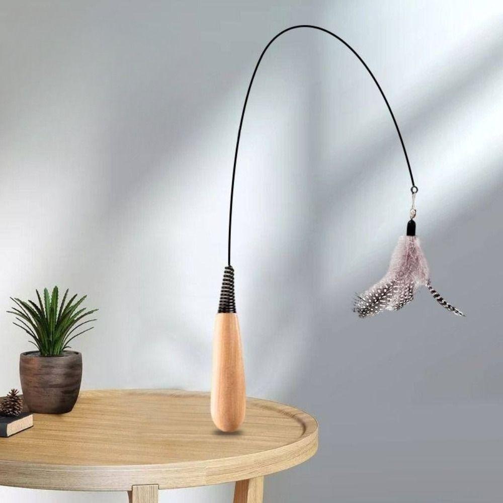 Wooden Handle Spring Teasing Cat Stick Simulation Fishing Rod Interactive Cat Teaser Stick Feather Replaceable Bell Squeaky Cat