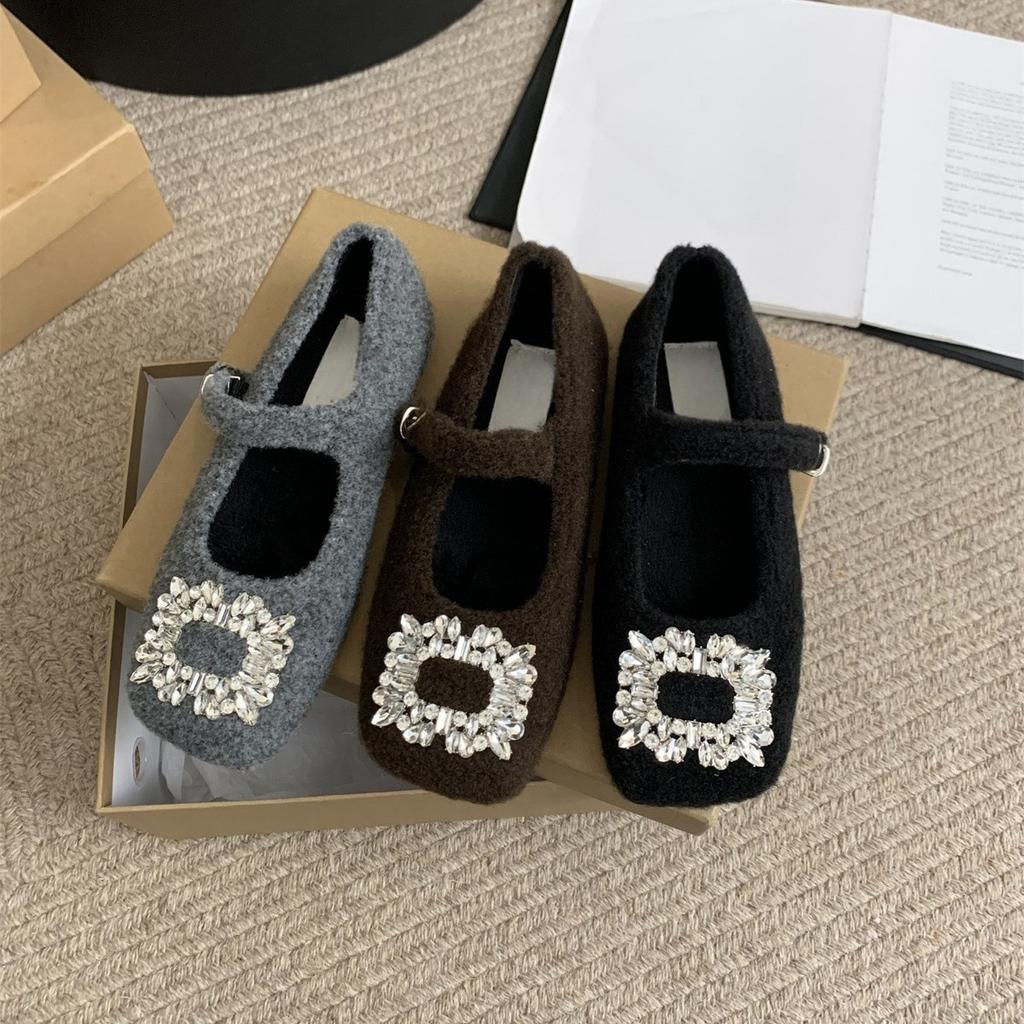 Women's temperament Mary Jane shoes women's velvet French evening breeze square head rhinestone woolen shoes women's winter wear single shoes