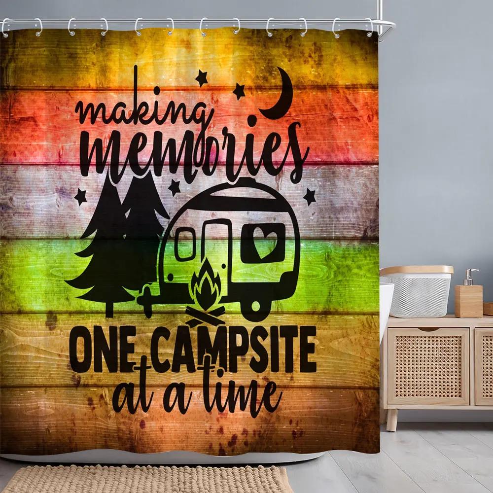 Camping Caravan Forest Shower Curtain Pleasant Camper Tent Campfire Polyester Printed Shower Curtains Bathroom Decor with Hooks