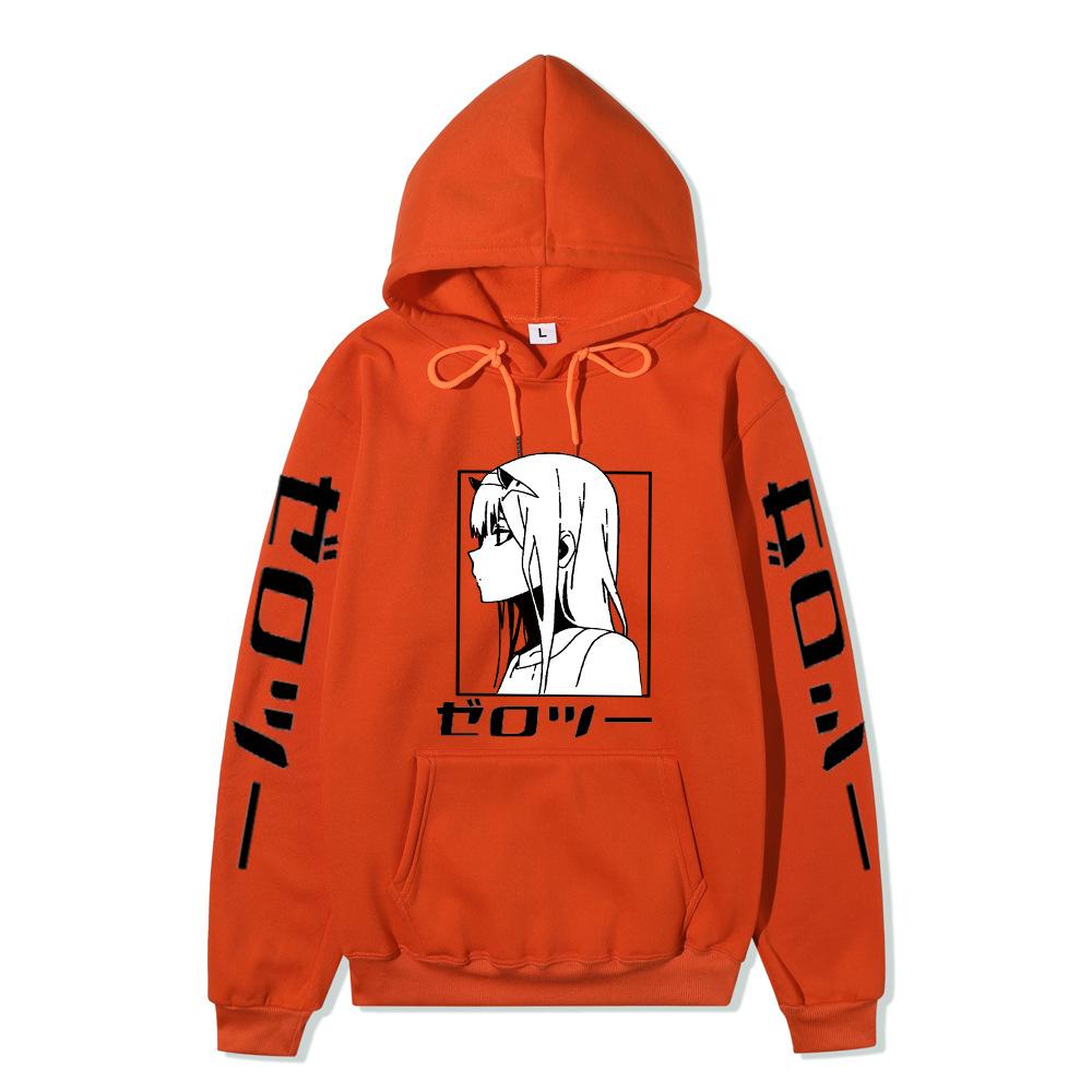 Zero Two Side Profile Anime Hoodie Japanese Letter Print Black Casual Long Sleeve Hooded Sweatshirt Pullover