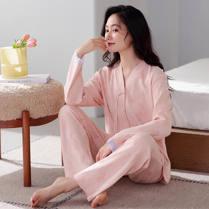 Pure cotton pajamas women's spring and autumn long-sleeved cardigan women's autumn new Chinese V-neck national style loungewear large size set