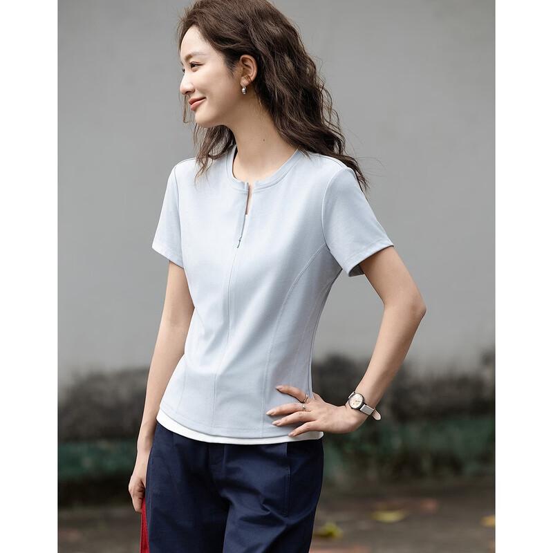 Women's Spliced Slim Fit Half-Open Collar T-shirt