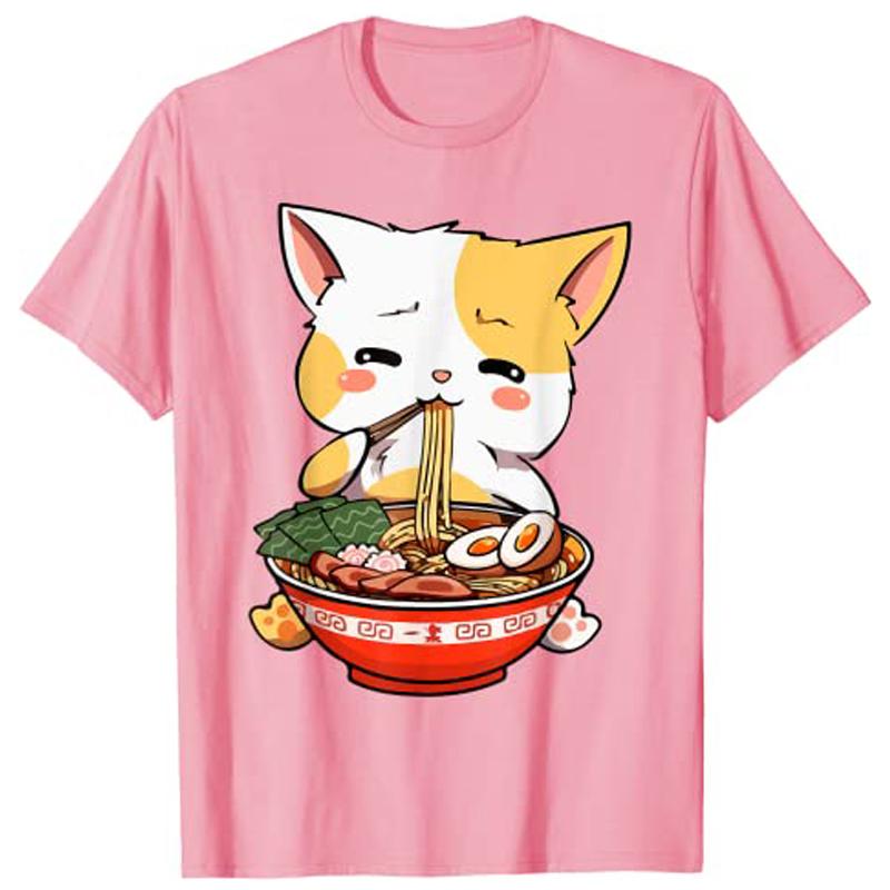 RaUnisex Cat Kawaii Anime Japanese Food Girls Official Teenager TShirt Harajuku Graphic Tee Tops Kitten Eat Noodles Novelty Gift