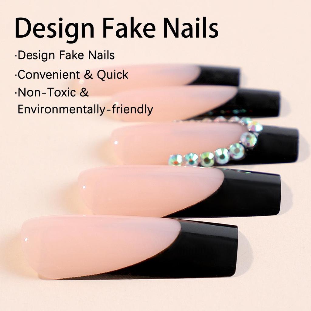 Black French Edge Extra Long Rhinestone Wearable Nail Tips with Removable Stickers
