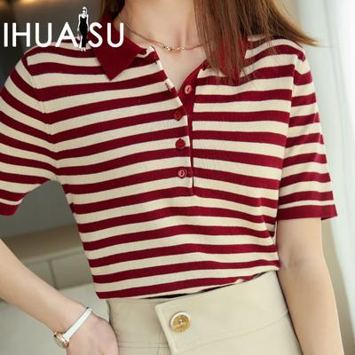 Women's POLO Neck Striped Cotton T-shirt Women's Pullover Cotton Linen Short Half Sleeve Knitted Bottom Shirt
