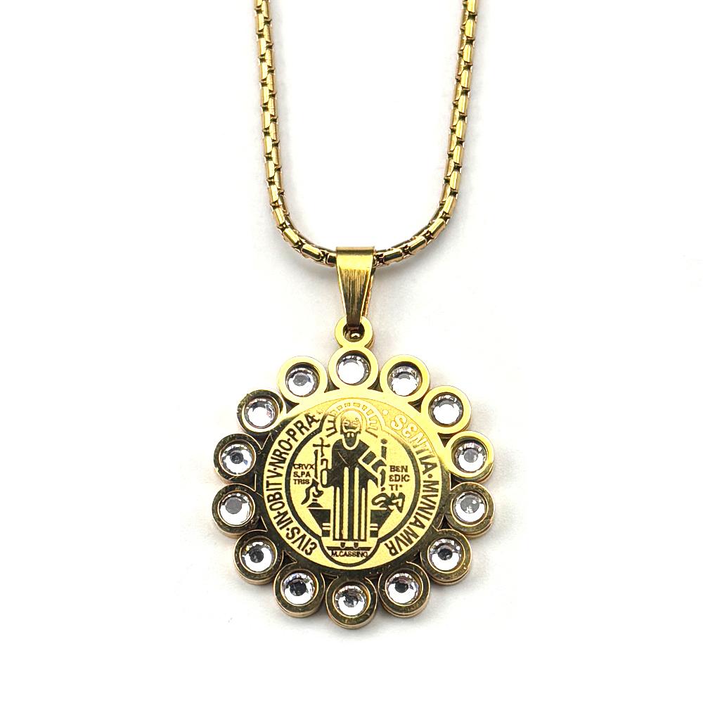 Catholic Rhinestones Saint Benedict Medal Pendant Necklace for Women Men Stainless Steel Gold Color San Benito Chain Jewelry