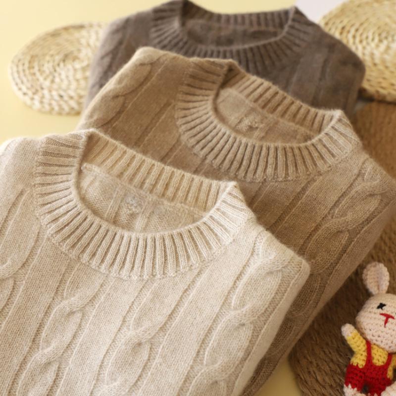 Unisex Children's Wool Sweater, Autumn/Winter 2025 - Solid Color Cable Knit Pullover with Round Neck