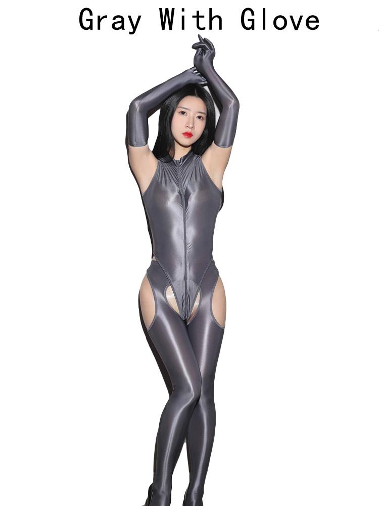 Sexy Women Oil Glossy Shiny Elastic Bodysuit Bodycon Rompers Dance Tights Satin Jumpsuits Shaping Leotard With Glove Pants
