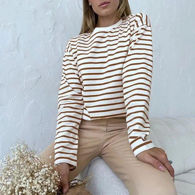 Fashion Loose Casual Cotton Long Sleeve Striped T-shirts Elegant Office-lady O-neck Soft Tops Autumn Women Clothes 29678
