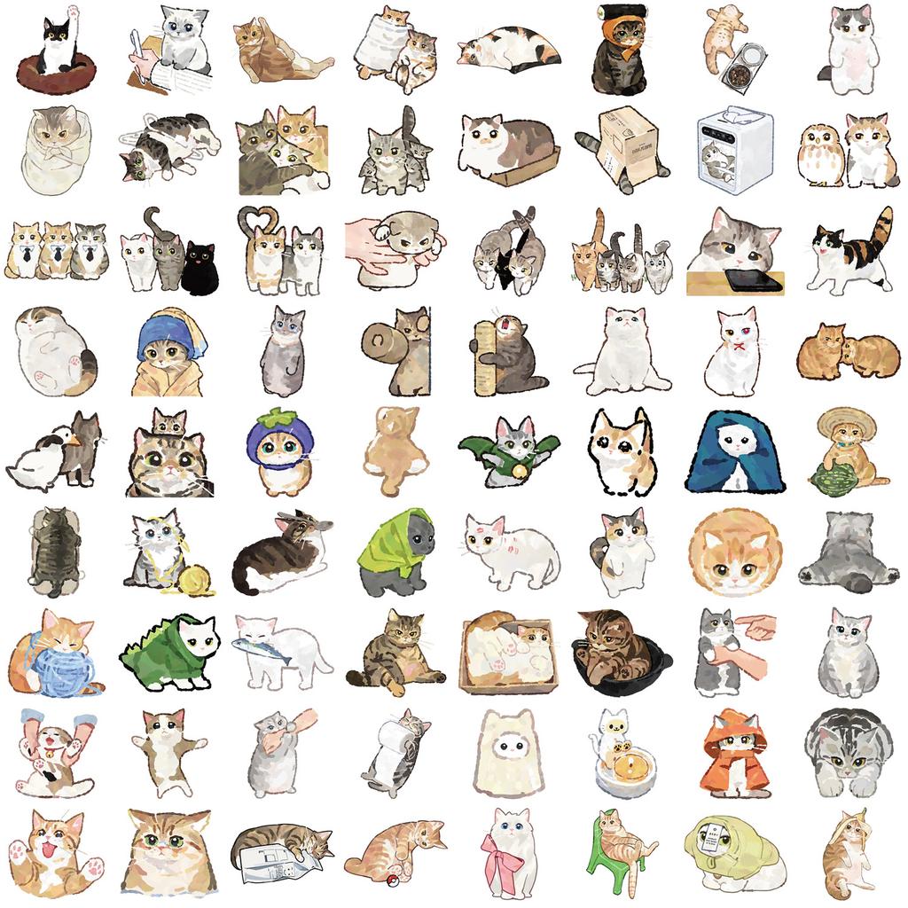 77 Cartoon Watercolor Cat Doodle Stickers Decorate Guitar Notebook Suitcase DIY Waterproof