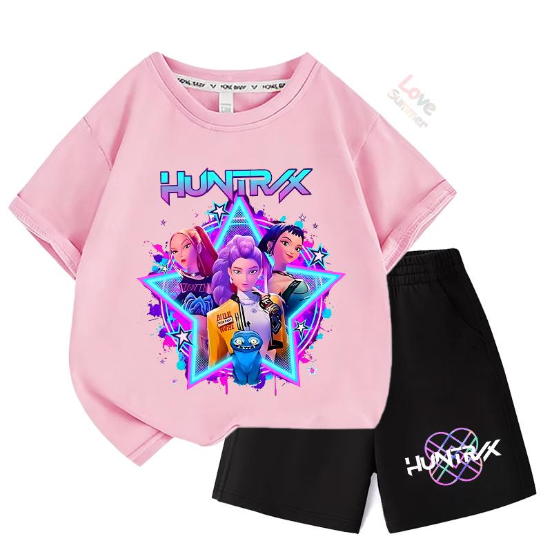 Sommer-T-Shirt Zweiteiliges Set Kinder Oberteile Mädchen Huntrx KPop T-Shirts Devil Hunter Mädchengruppe Bedrucktes Kurzarm-Shorts-Set