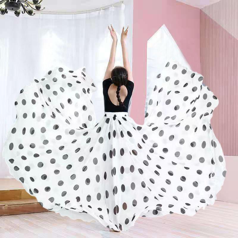 360-720 Degree Classical Dance High-waisted Skirt Flamenco Dance Clothing Polka Dot Print Skirt Dance Stage Performance Outfit