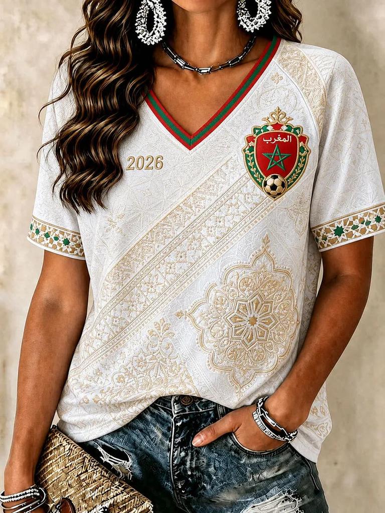 2026 Nové tričko s vlajkou marockého národního týmu Dámské sportovní oblečení s výstřihem do V s erbem "MOROCCO" a tradičním lemováním Neformální topy Dres