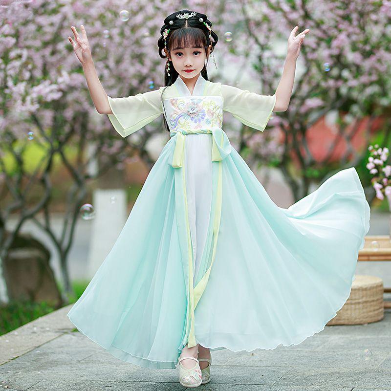 Girls Short-Sleeve Hanfu: Spring/Summer Fairy Tang Style, Ancient Costume for Daily Wear & Performances 100