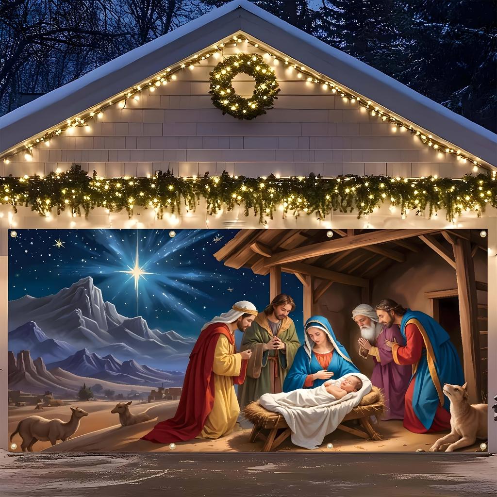 Large Christmas Jesus garage background banner religious scene background blue starry sky decorationzyc