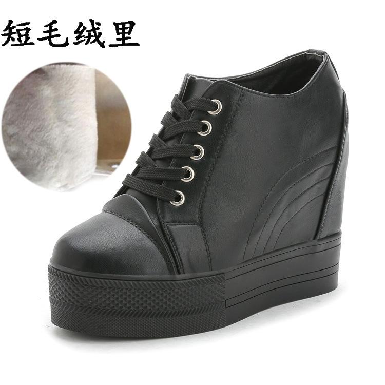 Fashion Women Autumn Leather 11cm Hidden Wedge Sneakers Platform Shoes High Heels Sneakers Female Casual Footwear White Woman Trainers