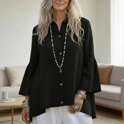 Damen Glockenärmel Button-Down T-Shirt mit Kragen Langarm Oberteil Herbst Frühling Lässige Lockere Chiffonblusen
