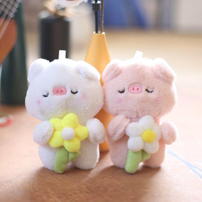 Fluffy Pig Plush Keychain Soft Animal Backpack Decoration Cute White Pink