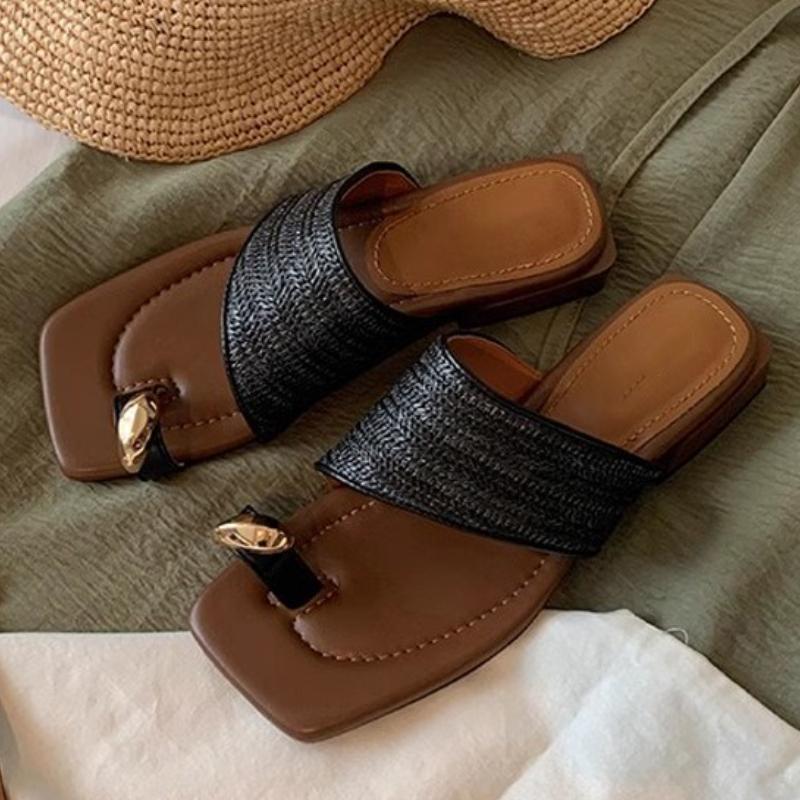 

Fashion Fashion Metal Decoration Clip Toe Flip Flops Women Handmade Woven Slide Sandal Summer Comfortable Non-Slip Vacation Beach Sandal 40 чёрный