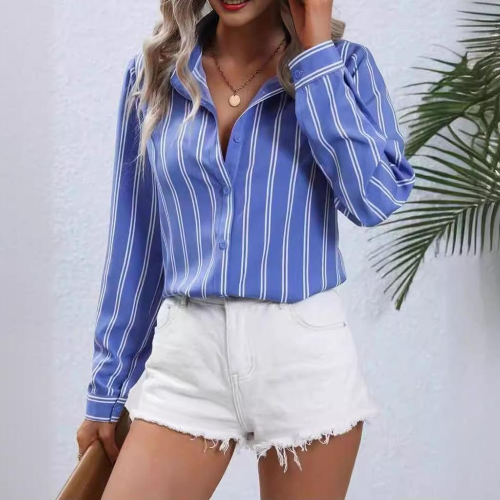 Women's Shirt Button V Neck Striped Loose Long Sleeve Cardigan Shirt Fashion Casual Tops