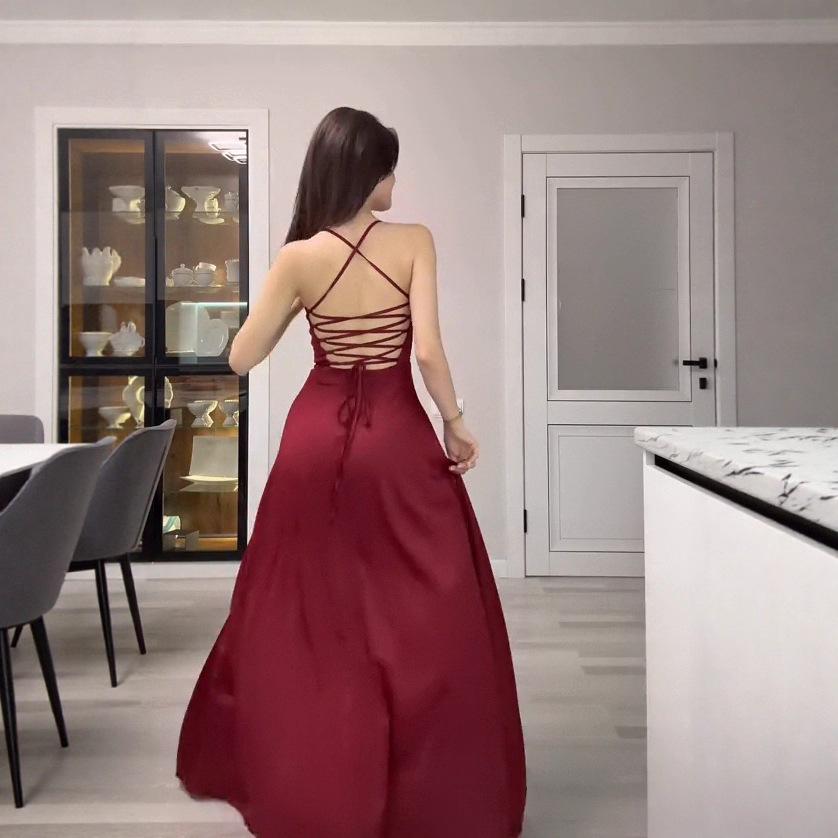 Summer 2025 European & American Women's Tie-Up Spaghetti Strap A-Line Dress with Waist-Hugging Slit