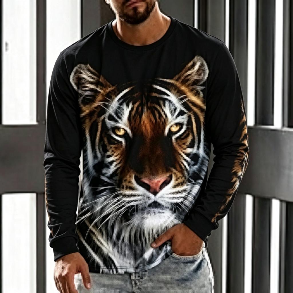 Men's Long Sleeve T-Shirt 3D Ferocious Tiger Lion Head Print Casual Street Crew Neck Tops