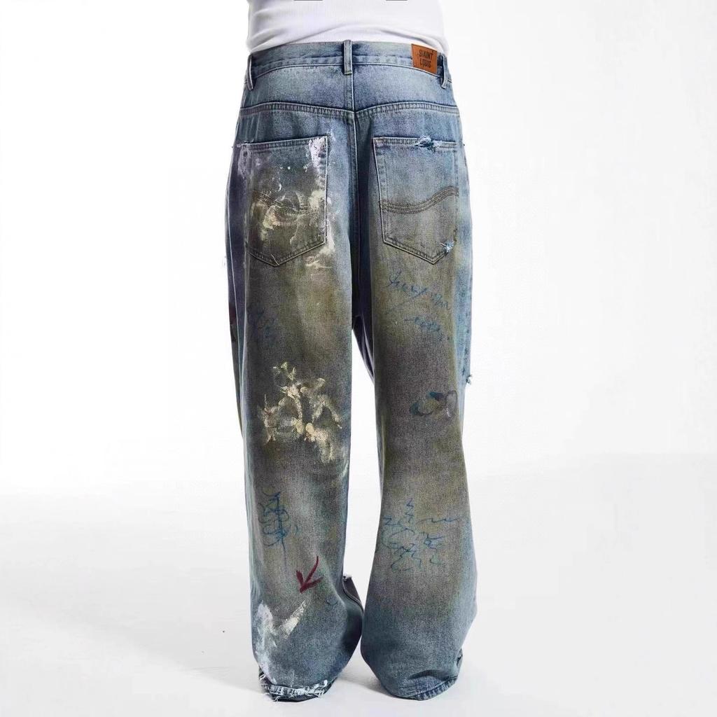 Jeans Do Dirty Old Hand-Painted Graffiti Ripped Loose Casual Men And Women Tide The Same Style
