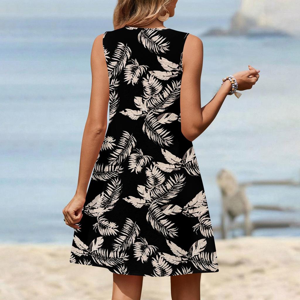 Women's Fashion Printed Summer Sleeveless V-neck Tank Top Pocket Casual Loose Dress