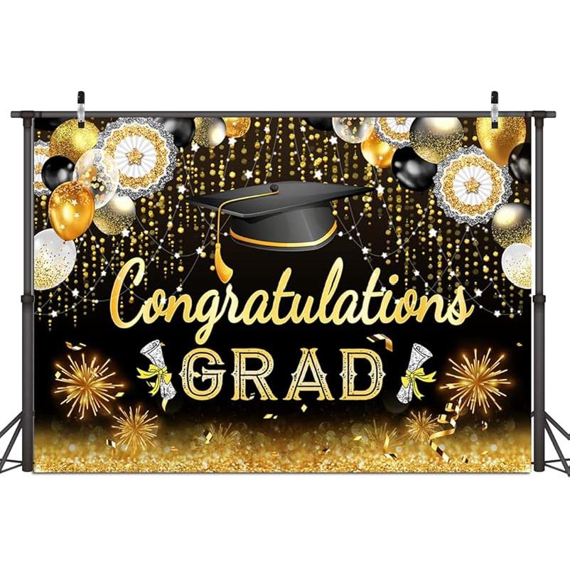 Dudaacvt 7x5ft 2025 Graduation Ceremony Photography Backdrop Black Gold Glitter Bokeh Graduation Party Background 2025 Prom Photography Background 7x5ft