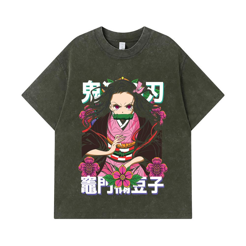 275 GSM Gewaschene T-Shirts 100% Baumwolle Demon Slayer V70 Nezuko Blumenprint Unisex Schweres Baumwoll-T-Shirt