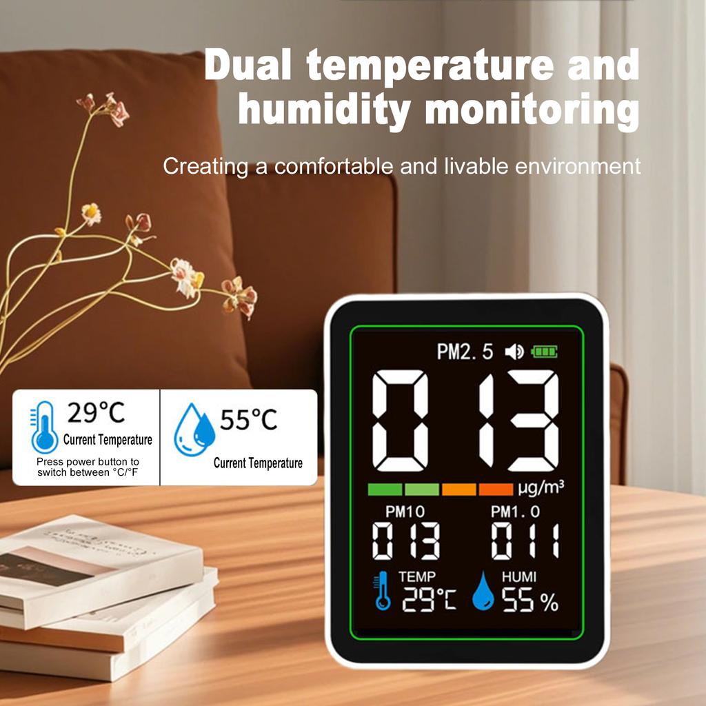 5-in-1 Air Quality Monitor, PM2.5 PM10 PM1.0 Detector with LCD Color Screen, Portable Temperature Humidity Meter for Home Office