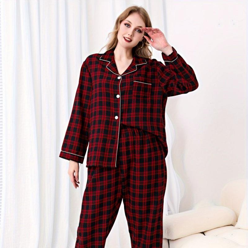 Womens Cotton Blend Pajama Set Long Sleeve Loose Fit Plus Size Sleepwear Fall Winter Home Wear