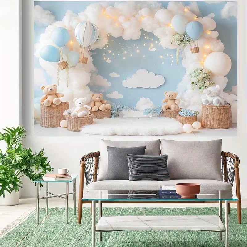 2D Bear Hot Air Balloon Photography Backdrop for Baby Shower