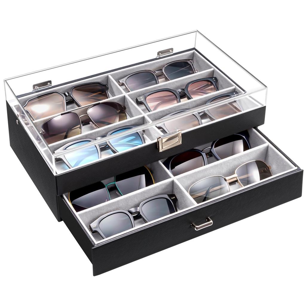 ProCase Sunglasses Case 12 Storage Box for Eyeglasses and Acrylic PU Black (Holds Sunglasses), 2-Tier Jewelry, Lid, Material,