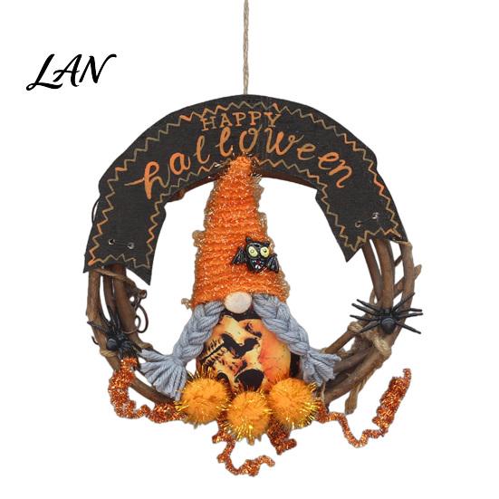 Holiday Hanging Ornament Halloween Gnome Rattern Wreath, Handmade Decoration with Spider And Tinsel Accents, Front Porch Decor Wreath for Door