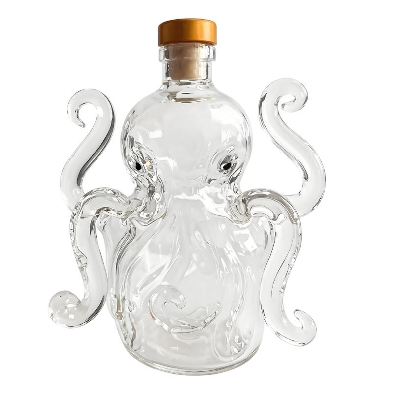 Cabinet Shelf Display Bottle in Clear Glass, 8-Footed Fish Whisky Vessel with Stopper for Vodka Bar Cart and Serving Corner