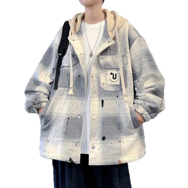 Men's Hooded Plaid Cotton Jacket - Spring/Autumn/Winter Workwear for Youth Students
