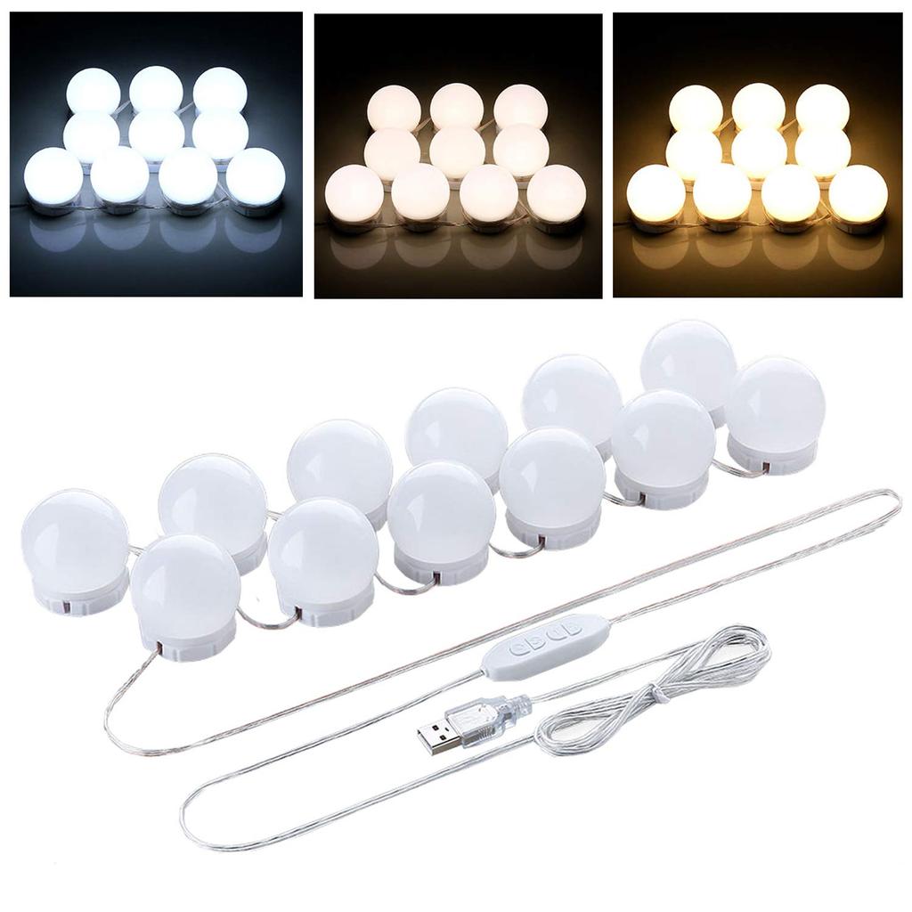 Actress-style LED Mirror Light with 12 LED Bulbs, Three Colors, 10 Brightness Levels, Concealable Wiring, USB Powered, High Brightness, Energy
