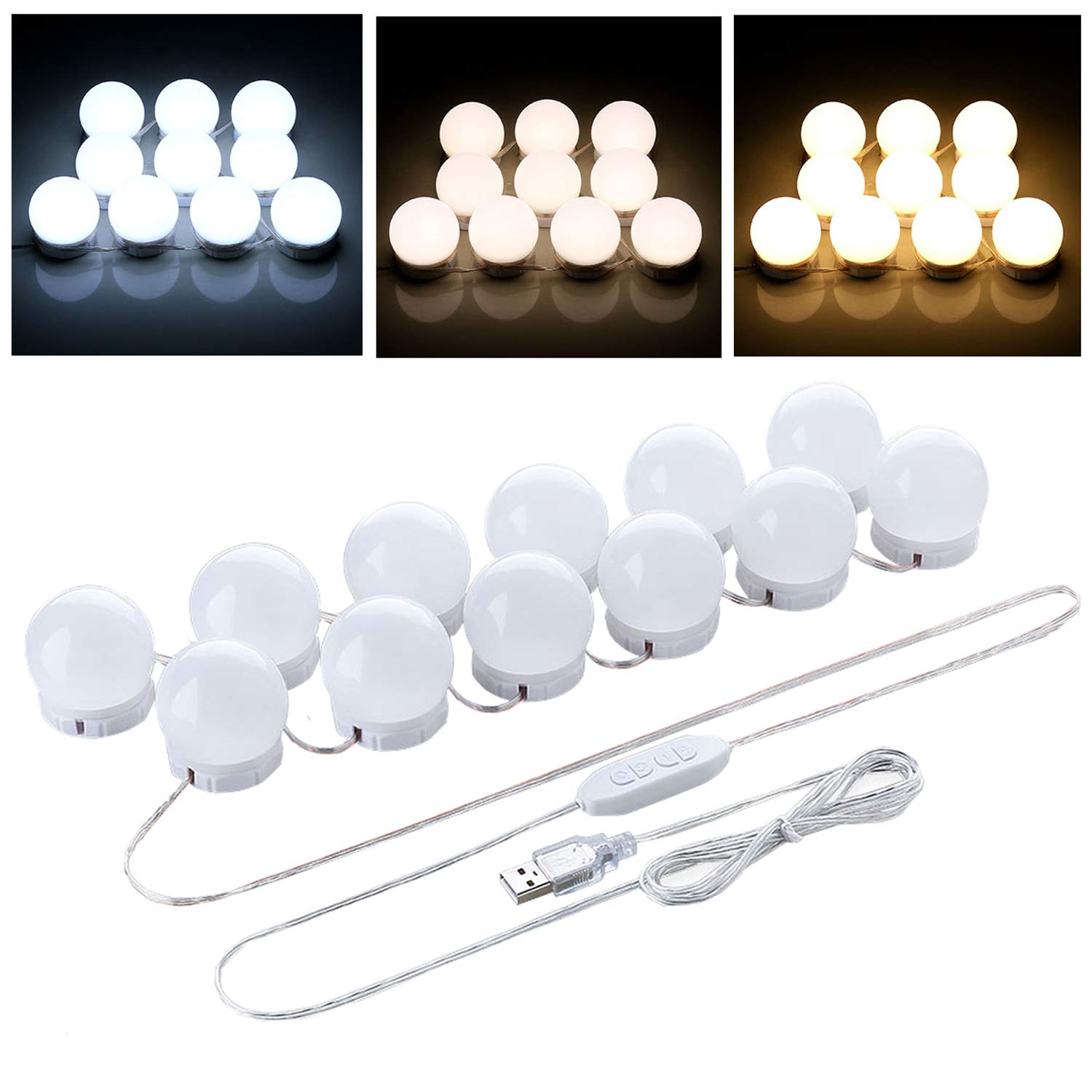 

Denvosi LED Mirror Light, 12 LED Bulbs, Three-Color Dimmable, 10 Brightness Settings, Hidden Wiring, USB Powered, High Brightness, Energy-Saving, No