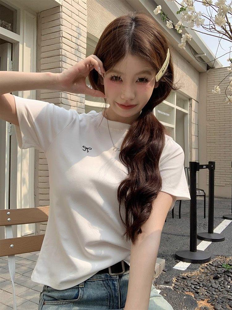Women's 2025 Korean Style Bowknot Embroidered Slim Fit T-Shirt, Short Sleeve, Round Neck