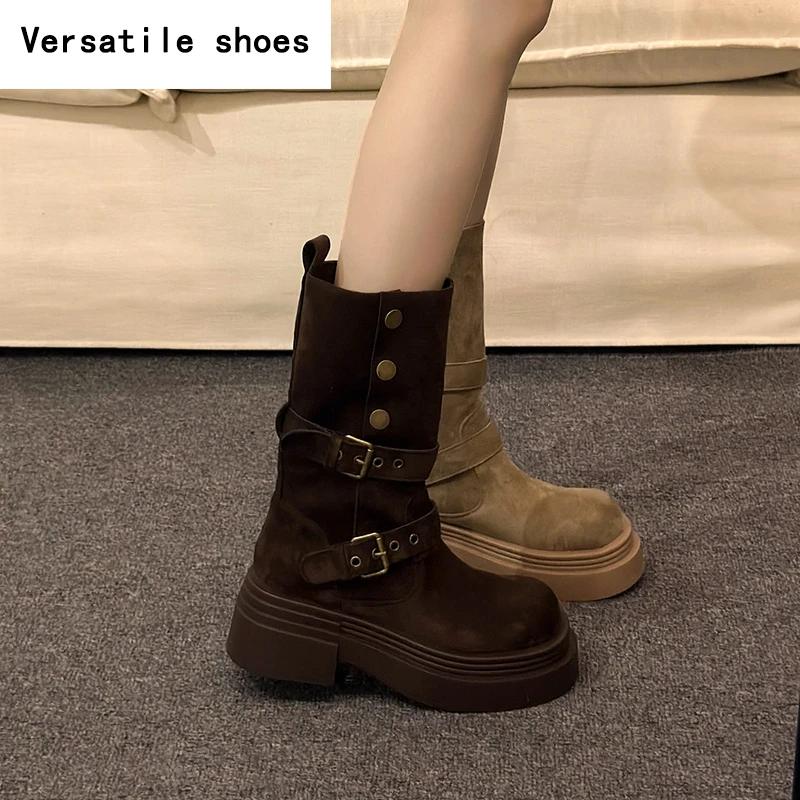 Vintage Winter Damen Motorradstiefel Mode Gürtelschnalle Mid-Calf Stiefeletten Plateau Dicke Ferse Lässige Damenschuhe