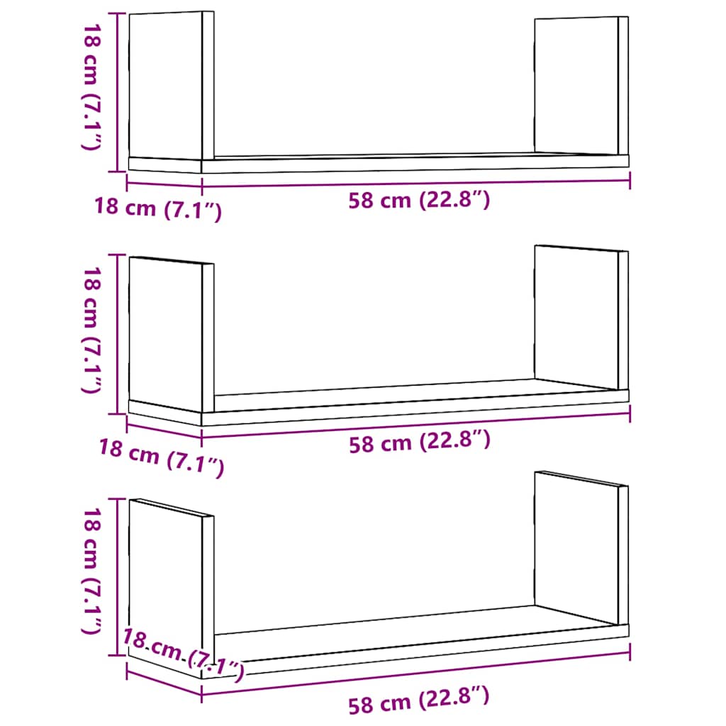Wall Shelves 3 pcs. Black Oak Look 58 x 18 x 18 cm Engineered Wood