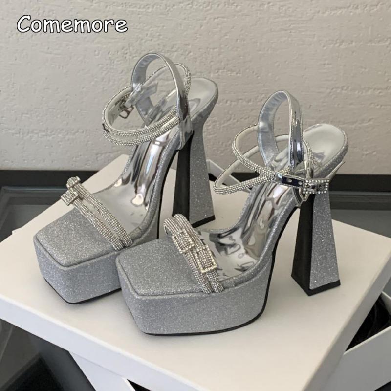15CM Silver Platform Sandals Crystal Ankle Straps Square Toe Fashion Ladies Dress Shoes Chunky High Heel Women's Sandals Size 34