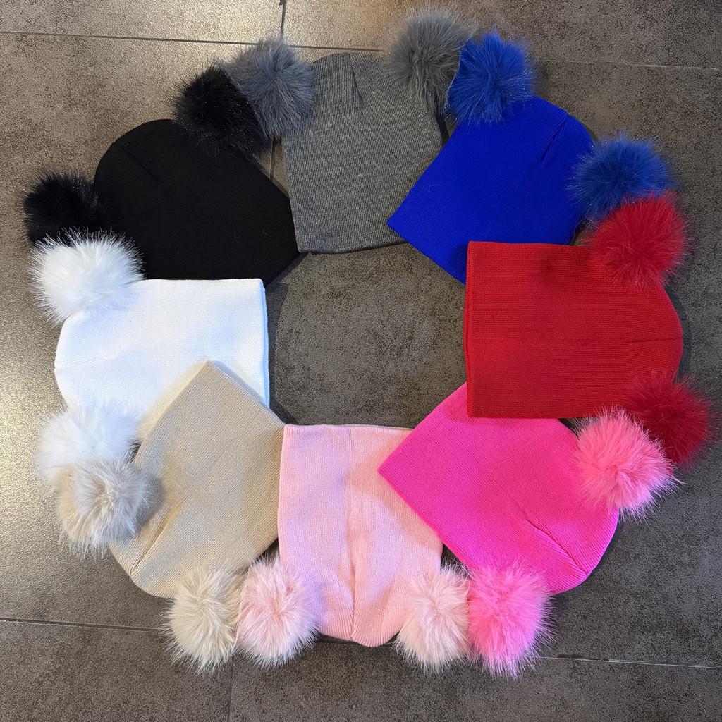 Solid Double Color Ball Knitted Cap Beanie With No Brim For Winter Daily Use