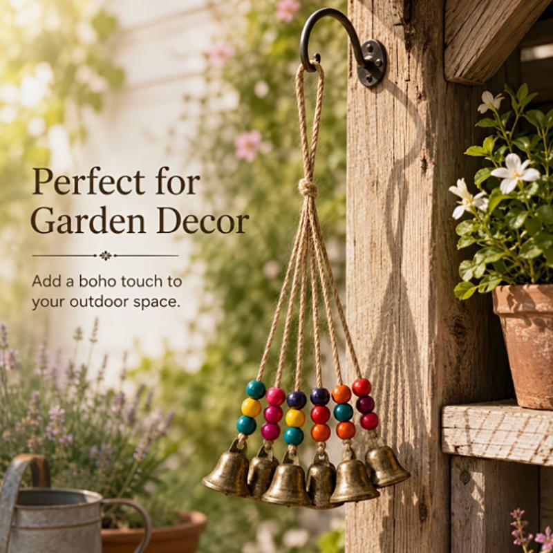 Bohemian Wind Chime 6/8 Bronze Bells Colorful Wood Beads Handmade Boho Hanging Decor Garden Patio Yard Rustic Home Decoration