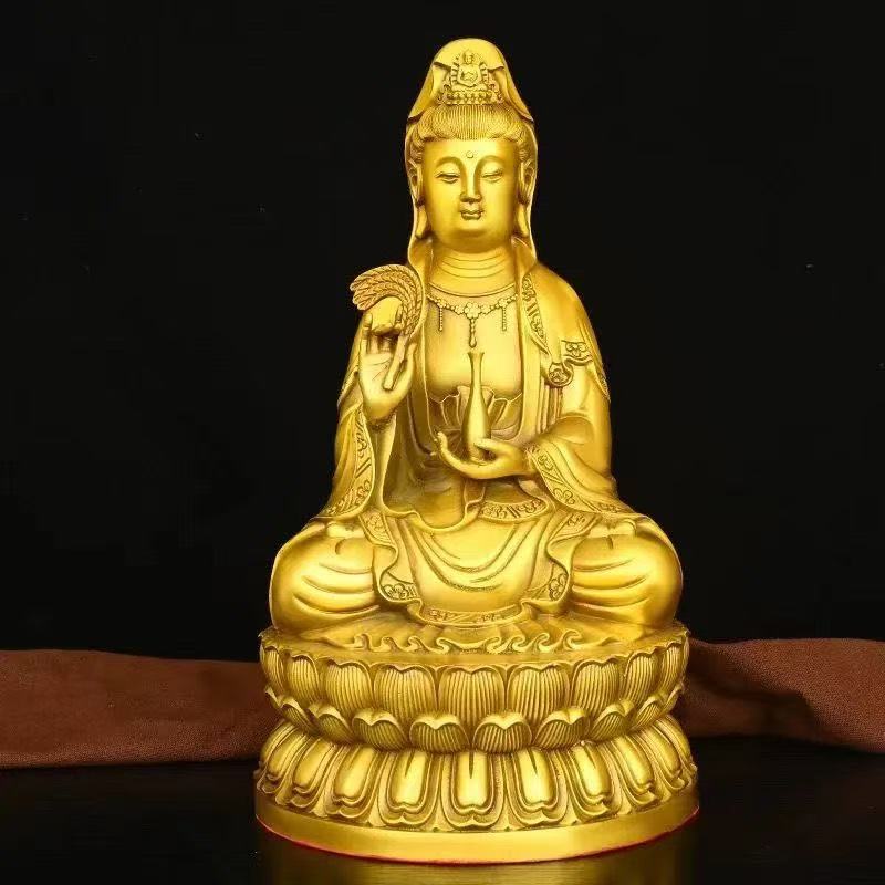 Feng Shui Buddha Copper Guanyin People Ornaments Sitting Lotus Goddess of Mercy Decor