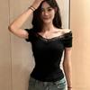 Sexy Off Shoulder Lace Spliced Short Sleeve T Shirt Women Slim Fit Collarbone Exposing Top Y2K Pure Desire Tees Summer Daily Dating Outfit MTX-5128