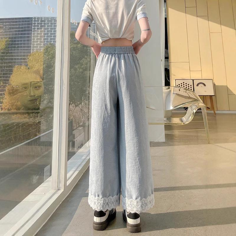 2025 Damen High Waist Spitzenbesatz Eisseide Weitbein Hose - Sommer Schlankmachende Freizeit Hose