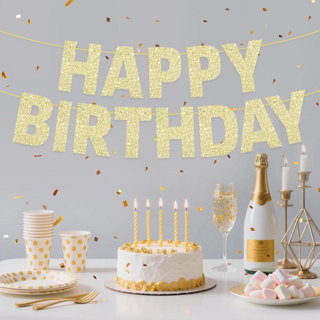 Pre-Strung Happy Birthday Banner - NO DIY - Glitter Gold Birthday Party Decorations for Women Men Kids