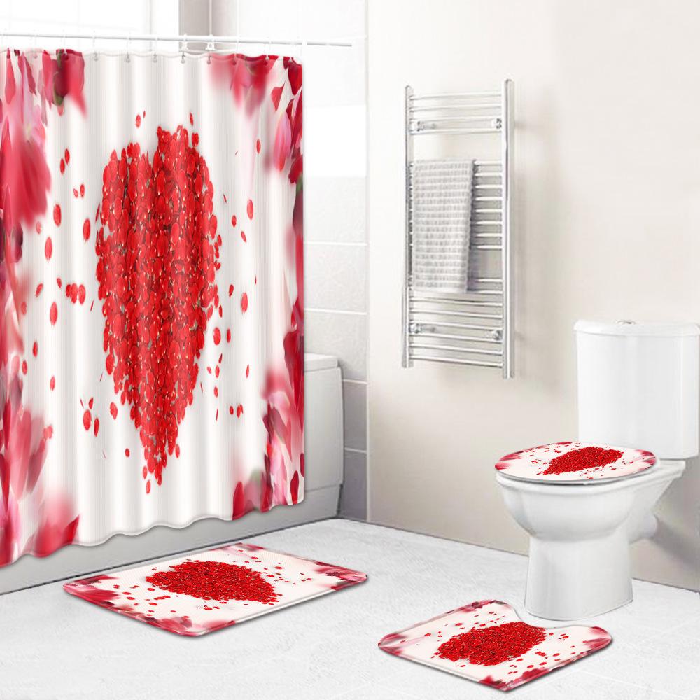 Love Valentine'S Day Shower Curtain Floor Mat Four-Piece Set Bathroom Non-Slip Door Mat Bedroom Carpet